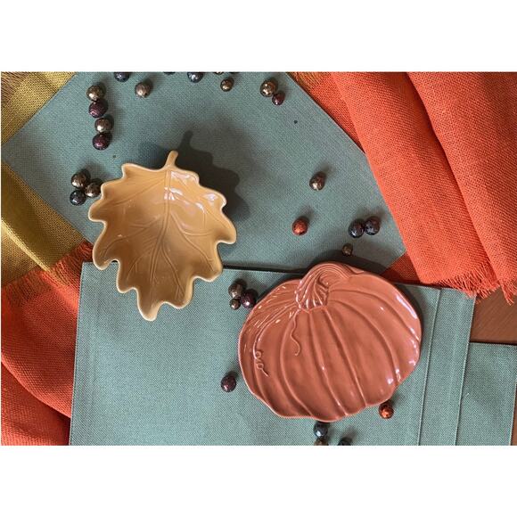 Pier 1 Fall Pumpkin Plate & Leaf Bowl, Stoneware, Petit Fours, Appetizers, set/2 - Picture 2 of 9